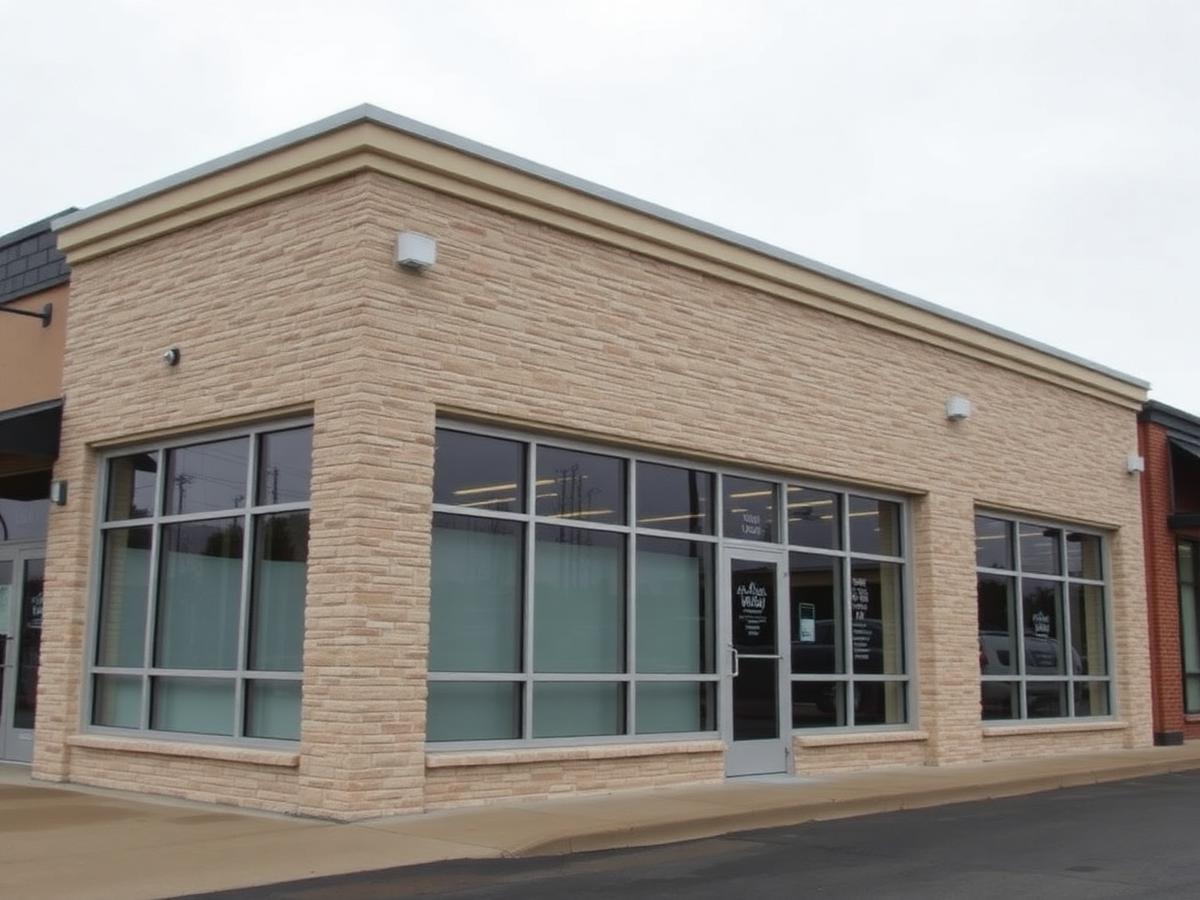 Renovated commercial storefront exterior with stone facade