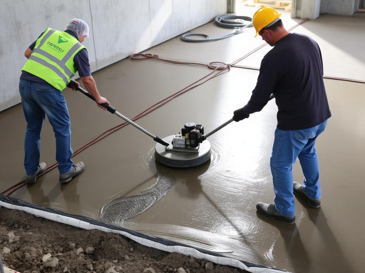 Crew finishing a freshly poured concrete slab