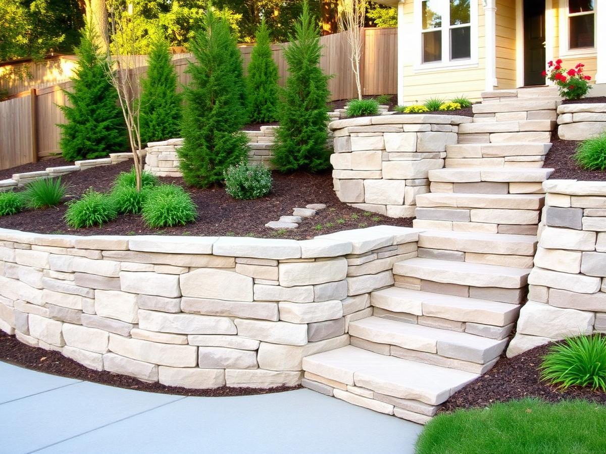 Natural stone retaining wall with stone steps